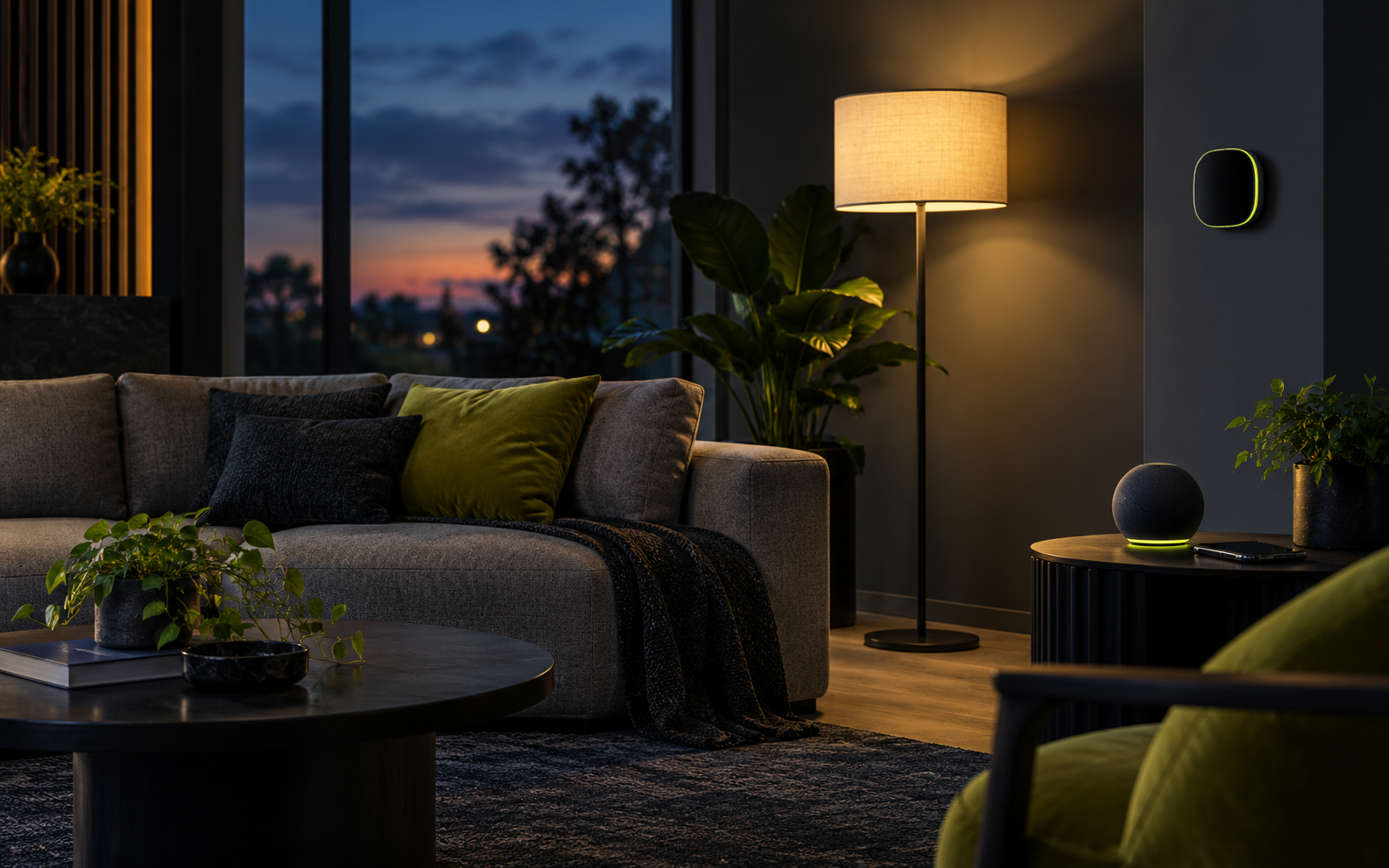 Modern living room with smart lighting, thermostat, speaker and phone